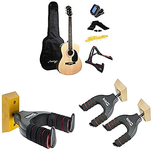 Martin Smith W-101-N-PK Acoustic Guitar with Stand, Tuner, Bag, Strap, Plectrums and Strings + Wall Mountable Guitar Hanger + TwinPack Wall Mountable Guitar Hanger