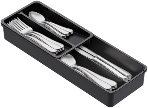 Lifewit Abnehmbarer Besteckkasten für Schubladen, 14,5 x 42 cm | 4 Fächer Kompakter Besteckkorb Besteckhalter Besteckschublade, Besteck Organizer für Löffel/Gabeln/Messer, Schwarz,