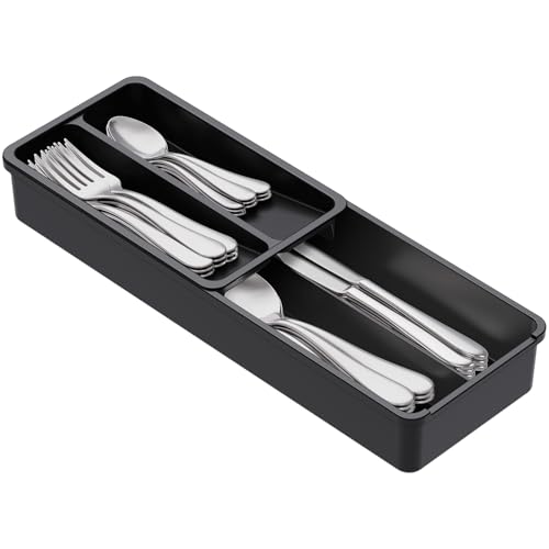 Lifewit Organizador compacto de cubiertos para cajón de cocina, soporte de bandeja de cubiertos estrecho, cucharas de cubiertos de plástico, tenedores y cuchillos, negro, 1...