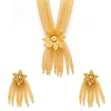 925 Sterling Silver Flower Tassel Jewelry Set – Handmade Mesh Petal Pendant Necklace with 20-Inch Chain + 1-Inch Extension and Matching Drop Earrings – Elegant Gift for Women (Gold)