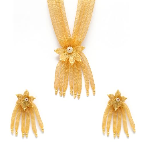 925 Sterling Silver Flower Tassel Jewelry Set – Handmade Mesh Petal Pendant Necklace with 20-Inch Chain + 1-Inch Extension and Matching Drop Earrings – Elegant Gift for Women (Gold)
