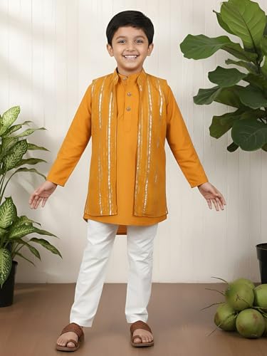 Image of POLKA TOTS Boys Cotton Ethnic Kurta Pajama Set with Attached Koti | Ethnic Motif Wear Kids Kurta Pyjama for Boys & Toddlers | Traditional Dress for Weddings & Festivals | Festive Jubba Set for Babies