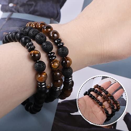 HuaJiao 3Pcs Tiger Eye Bracelet, Bead Bracelet Agate Bracelet Natural Stone Bracelet Yoga Elastic Stretch Bracelet for Men Women