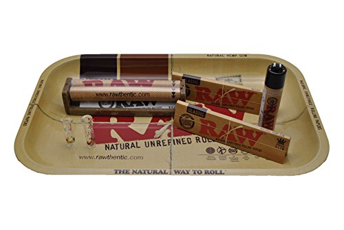 Raw Rolling Small Tray Bundle with Raw 110mm Roller, 2 Raw King Size Rolling Papers, Raw Clipper Lighter, & 2 RooR Phuncky Feel Tips