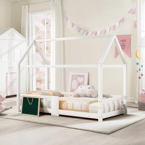 SoarFlash Kinderholzbett mit dekorativem Schreibbrett,97x207 cm,Vollkieferstruktur,Absturzsichere Seitenleisten,Lattenplattform,Einfach zu montieren,Weiß