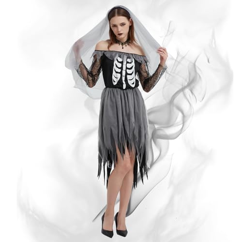 HERMORRYSS Disfraz de Novia Zombie Mujer, Novia Cadaver Disfraz Halloween, Vestido Novias Fantasma Gótica con Velo y Collar, Zombie, para Novias, Terror, Fantasma para Halloween Cosplay Fiesta (M)