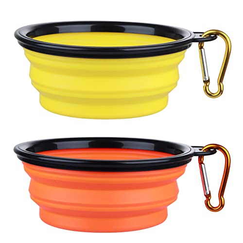 SLSON Dog Bowl Pet Collapsible Bowls, 2 Pack Collapsible Dog Water Bowls for Cats Dogs, Portable Pet Feeding Watering Dish for Walking Parking Traveling with 2 Carabiners (Small, Orange+Yellow)