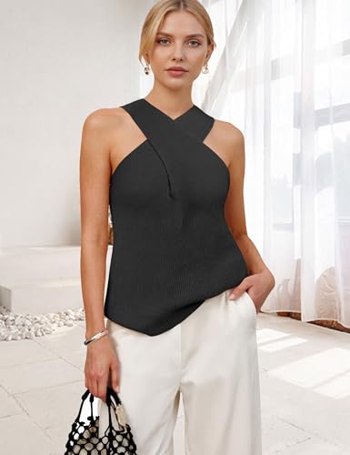 Women Halter Tops Summer Criss Cross Collar Sweater Tank Tops Sleeveless Casual Going Out Solid Color Knit Vest Top4