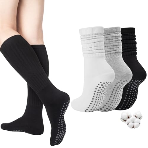 Aurmly Calcetines Pilates Mujer Antideslizantes Tres Pares, Calcetines Largos de Algodón para Pilates Yoga Ballet Deporte, Negro, Gris, Blanco, EU36-41