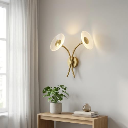 Image of Wall Light 3-Color CCT (Warm + Natural + Cold White) LED Double Arm Gold Metal Glass Disc Wall Lamp for Living Room Bedroom