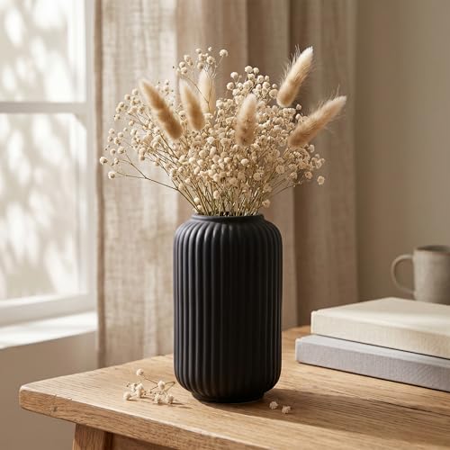 Image of PUREZENTO Black Ribbed Texture Ceramic Vase - 6 Inch | Vases for Centerpiece Home Decor, Living Room & Bedroom | Vase for Pampas Grass, Dried & Artificial Flowers