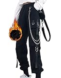 Kisswow Gothic Black Fleece Pants Women's High Waisted Solid Jogger Outdoor Cargo Pants with Chain Plus Size, 4 Black Fleece With Chain, 3X-Large