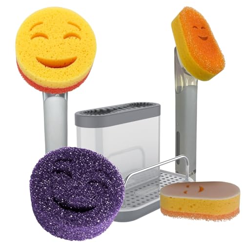 Image of Smilyeez Caddy Combo, Sink Caddy, Smiling Handle, 2 Scrub Moji Sponges, Dishwand with 2 Mini Moji Sponges (White /Grey Wands)