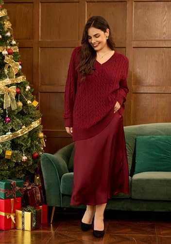 Image of CARCOS Plus Size Sweaters for Curvy Women Long Sleeve Cable V Neck Sweater Knit Pullover Preppy Style Fall Winter XL-5XL