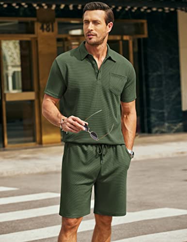 COOFANDY Men's Waffle Knit Polo Shirt and Shorts Set 2 Pieces Outfits Summer Suit Casual Tracksuit with Pockets2