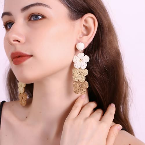 Raffia Flower Earrings, Raffia Straw Wrapped Flower Drop Dangle Earrings Summer Tropical Beach Jewelry3