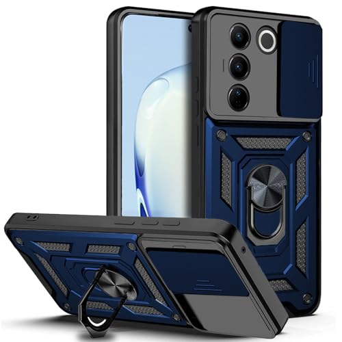 Image of AESTMO Tough Armor Vivo Vivo V27 / V27 Pro 5G Bumper Back Case Cover | Ring Holder & Sliding Camera Shield Cover | 360 Degree Protection Back Case Cover for Vivo V27 / V27 Pro 5G (Blue)