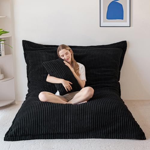 Image of MAXYOYO Giant Bean Bag Chair with Pillow, 3 in 1 Convertible Bean Bag Chair for Adults with Washable Cover, Removable Floor Cushion Stuffed Floor Lounger for Living Room Bedroom, Black, Full
