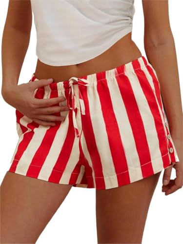 Image of Women Striped Boxer Shorts Casual Wide Leg Drawstring Low Rise Elastic Waist Pajama Lounge Pj Sleepwear, Large, Red