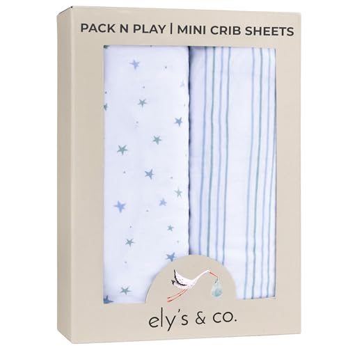 Image of Ely’s & Co. Pack and Play Sheets, for Mini/Portable Crib, 2 Pack Fitted Playpen Play Yard Sheet Set Compatible with Graco Pack n Play, for Baby Boys, 100% Cotton, Blue Stars and Stripes, 38”x24”x5”