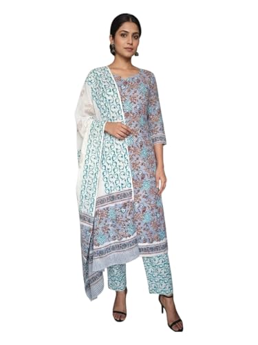 Image of Eddika women unstitched hand block printed cotton suit set with mulmul dupatta ehbpcswmd0120P