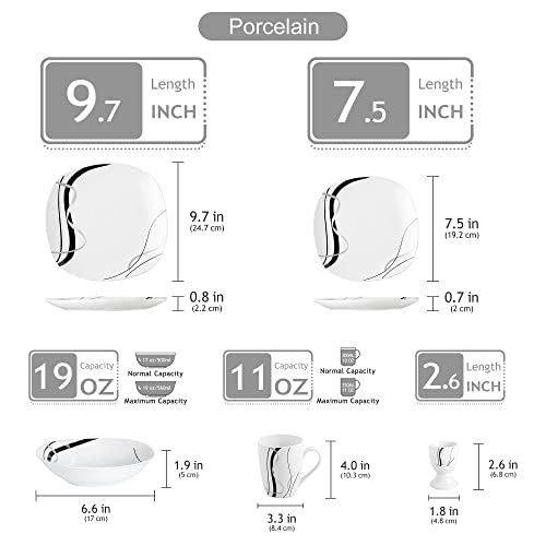 Veweet, Series Fiona, 40-Piece Ivory White Ceramic Porcelain Dinnerware Set With Black And Gray Stripes, Including Bowls, Dessert Plates, Dinner Plates, Mugs And Egg Cups, Service For 8 #TOP2