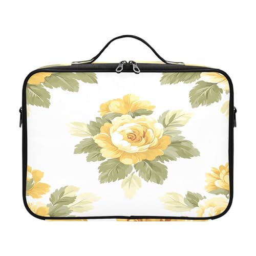 zyrtty Travel Makeup Train Case Yellow Flower White Pattern Green Leaves Cosmetic Organizer Portable Storage Bag with Adjustable Dividers for Cosmetics Brushes Toiletry Jewelry Digital Accessories