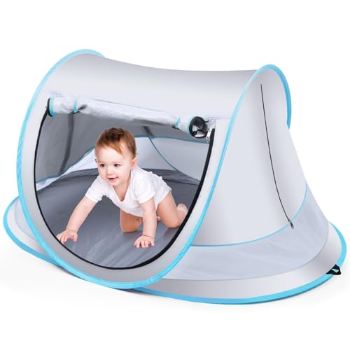 Baby Beach Tent,Large Pop Up Beach Tent Sun Shade for babies, Portable Baby Travel Tent with Mosquito Net (Silver)