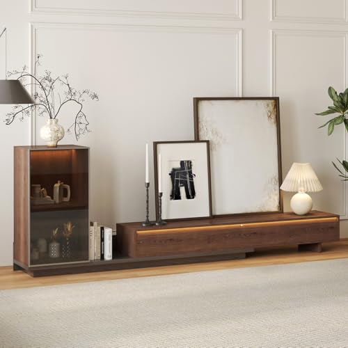 Homary Meuble TV Extensible LED avec Armoire Latérale en Verre, Meuble TV Bois pour Salon 250-393cm, 3 Tiroirs, Noyer