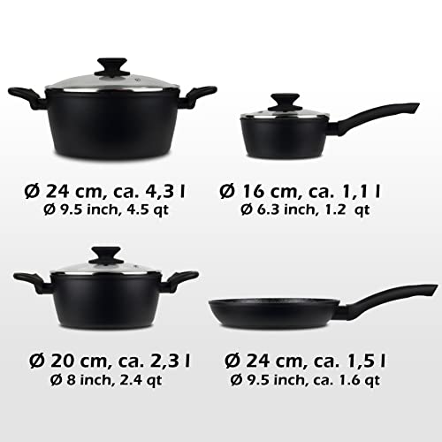 Linnuo Topfset Topf Pfannenset 7TLG - Alu Kochtopf Set für Induktion - PFOAfrei - Marmorkeramikbeschichtet - Schwarz - I