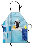 Lunarable Pug Apron, Dog in a Bathtub Funny Expression Yellow Duck and Towel Domestic Pet Wash Time, Unisex Kitchen Bib with Adjustable Neck for Cooking Gardening, Adult Size, Blue