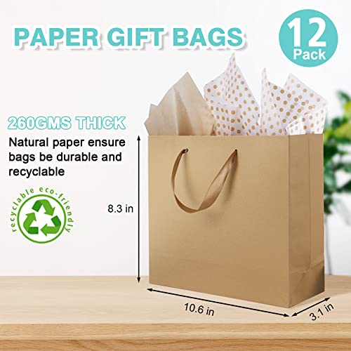 12 Pack Gift Bags Medium With Tissue Bags, Kraft Paper Bag With Ribbon Handles, Brown Paper Gift Wrap Bags For Shopping, Small Business, Bridal Party, Wedding, Christmas And Holiday (10.6” X3.1” X8.3”) #TOP1