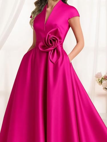 Satin Mother of The Bride Dresses for Women V-Neck Long Evening Formal Dress with Pockets NA2144
