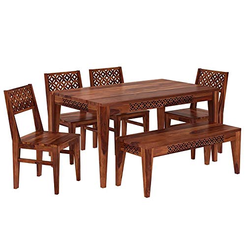Image of Solid Sheesham Wood 6 Seater Dining Table with 4 Chairs and 1 Bench for Living Room Home Office Dining Room Wooden Furniture Dinner Table Set (Honey Finish)