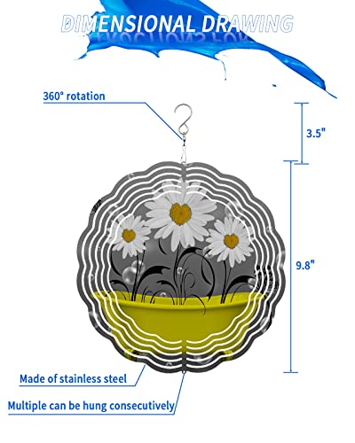 Wind Spinners For Yard And Garden- Rustic Floral Daisy In Yellow Bathtub 3D Metal Wind Sculptures & Spinners Hanging Flower On Grey Stainless Steel Kinetic Art Indoor Outdoor Decor 10 Inches, #TOP1