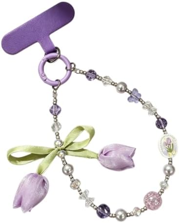 FURQNG Tulip Phone Charm Wrist Strap, Purple Flower Phone Chain & Bag Charm