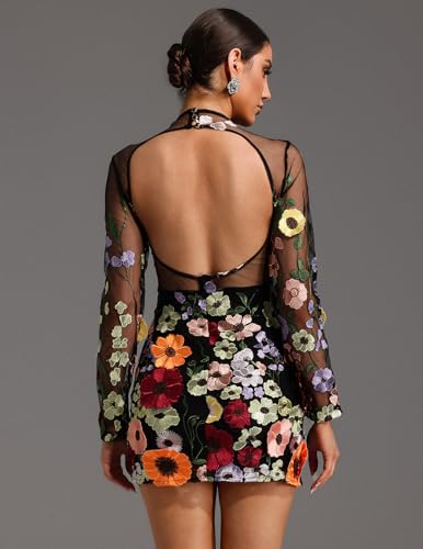 BELLA BARNETT Black Long Sleeve Flowers Embroidery Mesh Dress Floral Backless Cut Out Cocktail Dress4