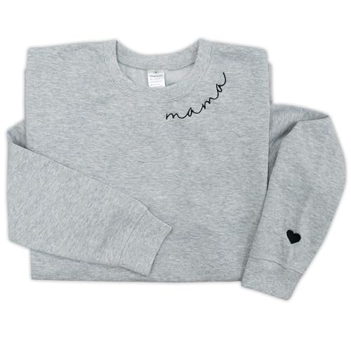 IZI POD - Mama Mom Mommy Embroidered Crewneck Sweatshirt Heart On Sleeve for Women - Gifts For New Mom Mama Birthday Christmas Mothers Day Valentine Embroidery Pullover Sweater Shirt Sport Grey