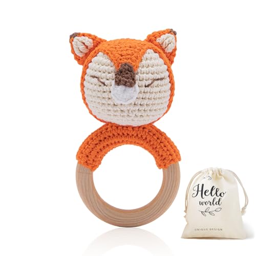 Image of WOODEN TEETHER Crochet Baby Rattle, Crochet Baby Toys, Organic Wooden Newborn Toys, Newborn Animal Rattle Toys，Knitted Stuffed Animals Gifts for Baby, Fox