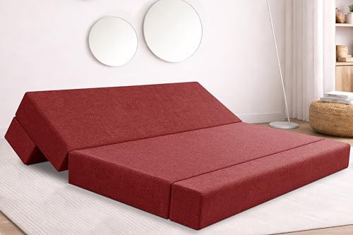 Image of Rosebell Four Seater Foldable Sofa Cum Bed (6x6 Feet) ? Jute Fabric, Washable Removable Cover, Includes Cushion | Space Saving Convertible Sofa Bed for Home, Office & Guests - Red