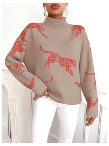 Image of WDIRARA Women's Leopard Tiger Print Sweater High Neck Long Sleeve Fuzzy Knitted Pullover Top