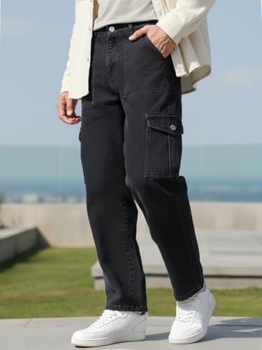 Image of Urbano Fashion Men's Loose Mid Rise Baggy Fit Cargo Jeans with 6 Pockets Non-Stretchable
