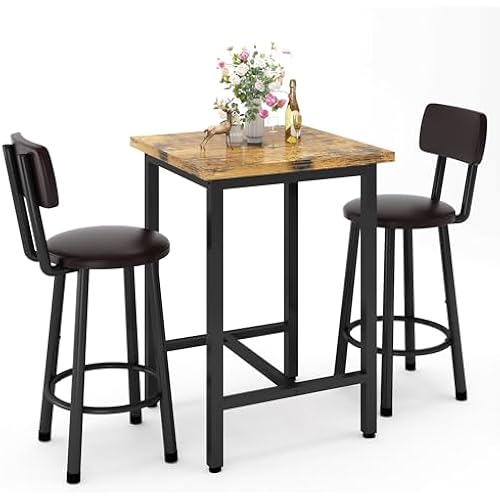 3 Piece Bar Table and Chairs Set for 2, Counter Height Square Pub Dining Set, Bar Table and Stools for 2, Wood Top Bistro Set with Backrest PU Bar Stools for Breakfast Nook Small Kitchen & Living Room