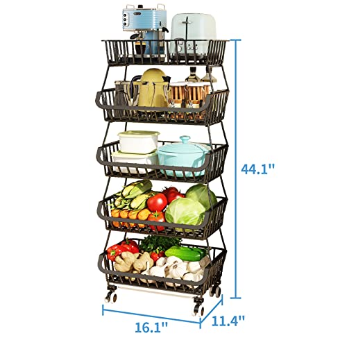 Wisdom Star 5 Tier, Kitchen Fruit Vegetable Storage Cart, Vegetable Basket Bins For Onions And Potatoes, Wire Storage Organizer Utility Cart With Wheels, Black #TOP6
