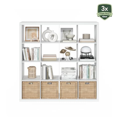Furinno Cubicle Book Shelf, 16-Cube Bookshelf, Triple Thick Frame Cube Storage Organizer, 1.65" Bookcase, 15.4 x 57.4 x 56.9, for Home Office, Living Room, Plain White by Furinno - Image 5