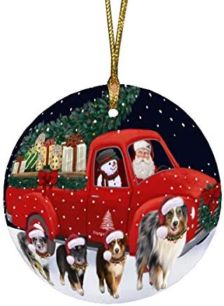 Christmas Express Delivery Red Truck Running Australian Shepherd Dogs Round Flat Ornament - Pet Decorative Hanging Ornaments for Christmas X-mas Tree Decorations - 2.75" Round Christmas Ornament
