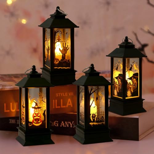 GOEDCH Linternas Decorativos de Halloween: 4 Farolillos Linternas de Halloween con Vela LED, Linterna de Llama de Halloweende Viento Colgante para Interiores y Exteriores, Halloween, Bares