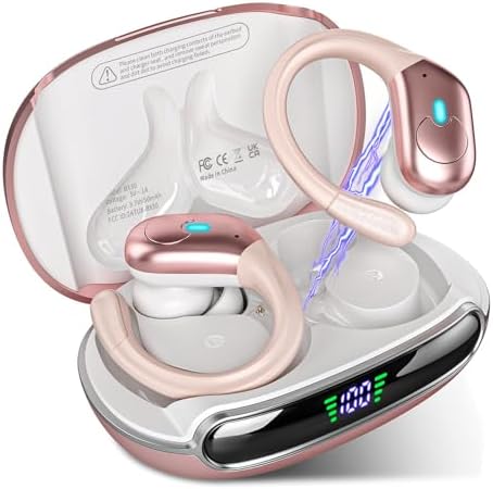 Fones de ouvido sem fio Bluetooth 5.3, fones de ouvido estéreo com graves e ganchos, reprodução de 80 horas e tela dupla de LED, fones de ouvido à prova d'água IP7 (Rosa)