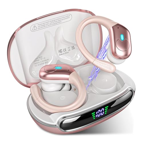 Fones de ouvido sem fio Bluetooth 5.3, fones de ouvido estéreo com graves e ganchos, reprodução de 80 horas e tela dupla de LED, fones de ouvido à prova d'água IP7 (Rosa)