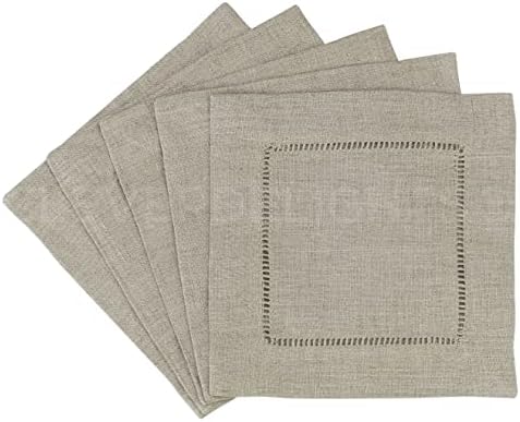 CleverDelights 6" Natural Linen Hemstitch Cocktail Napkins - 12 Pack - 100% Linen